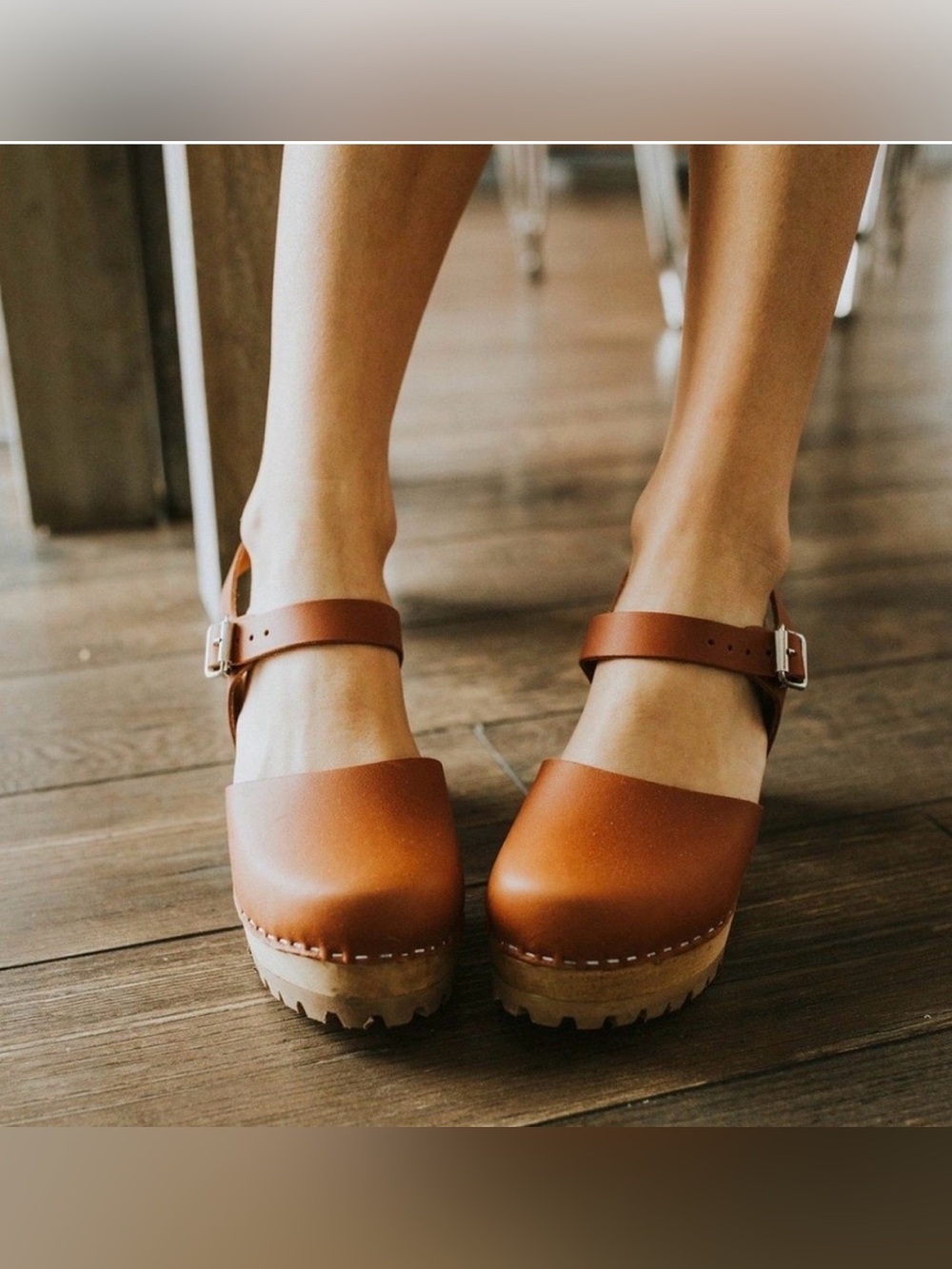 MIA Tan Leather Ankle-Strap Clog Mules